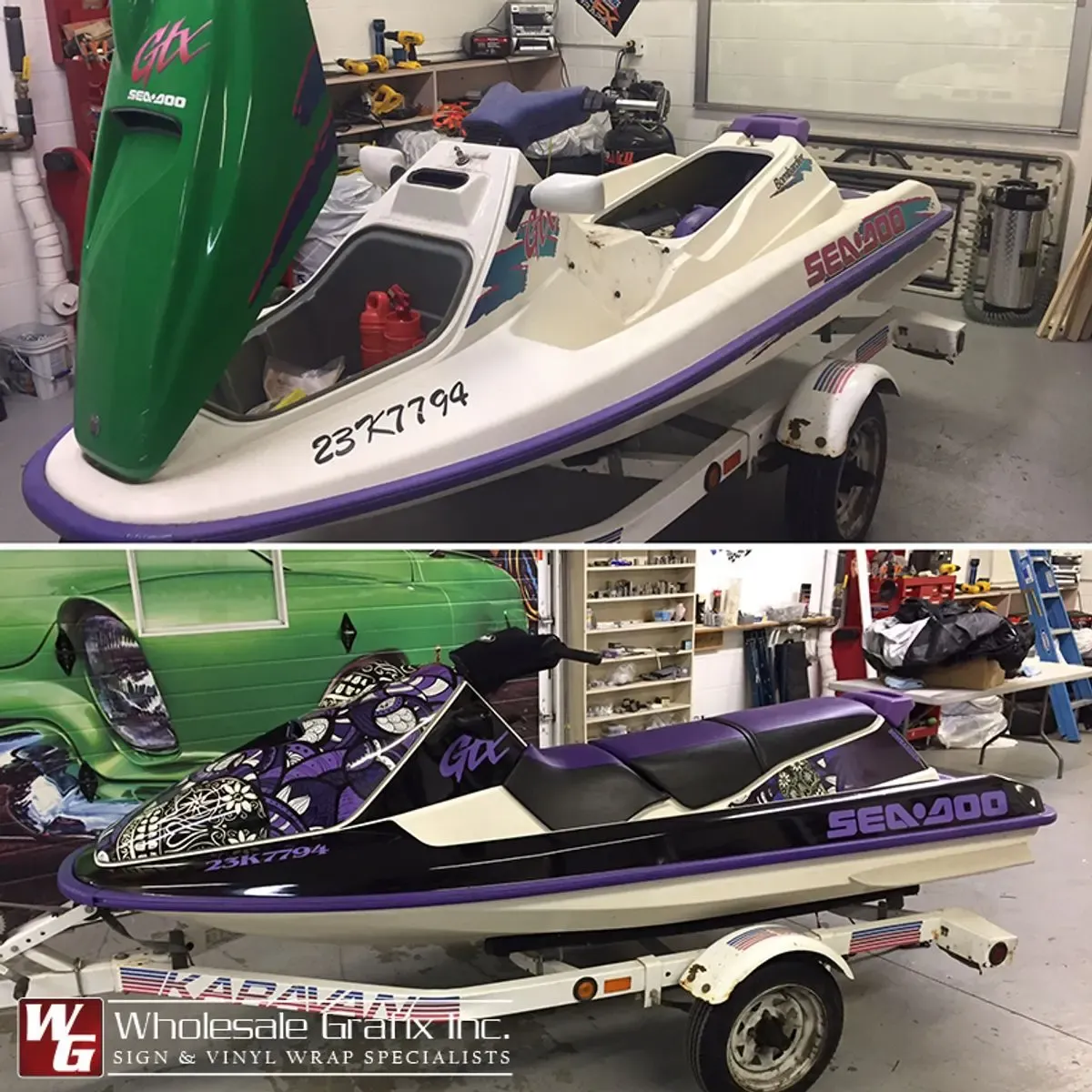 Sea-Doo personal watercraft in a green and black deck wrap