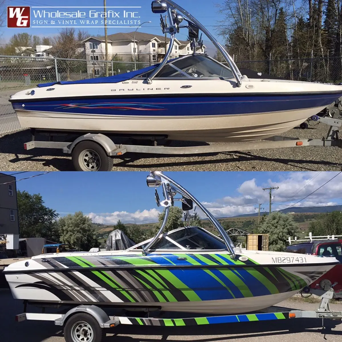 Boat hull with printed side graphics applied along the gunwale
