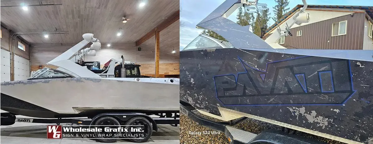 Aluminum boat hull with cut vinyl striping and lettering