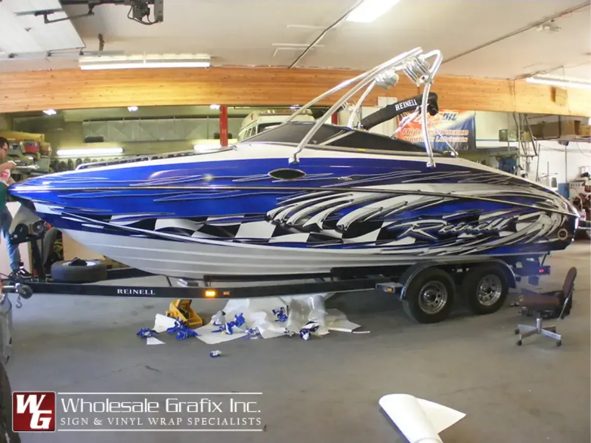 KingFisher X17 decal package on a bare aluminum hull