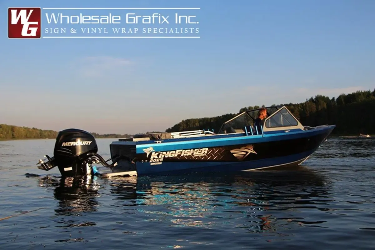 KingFisher aluminum jet boat on an Okanagan lake with hull graphics by Wholesale Grafix