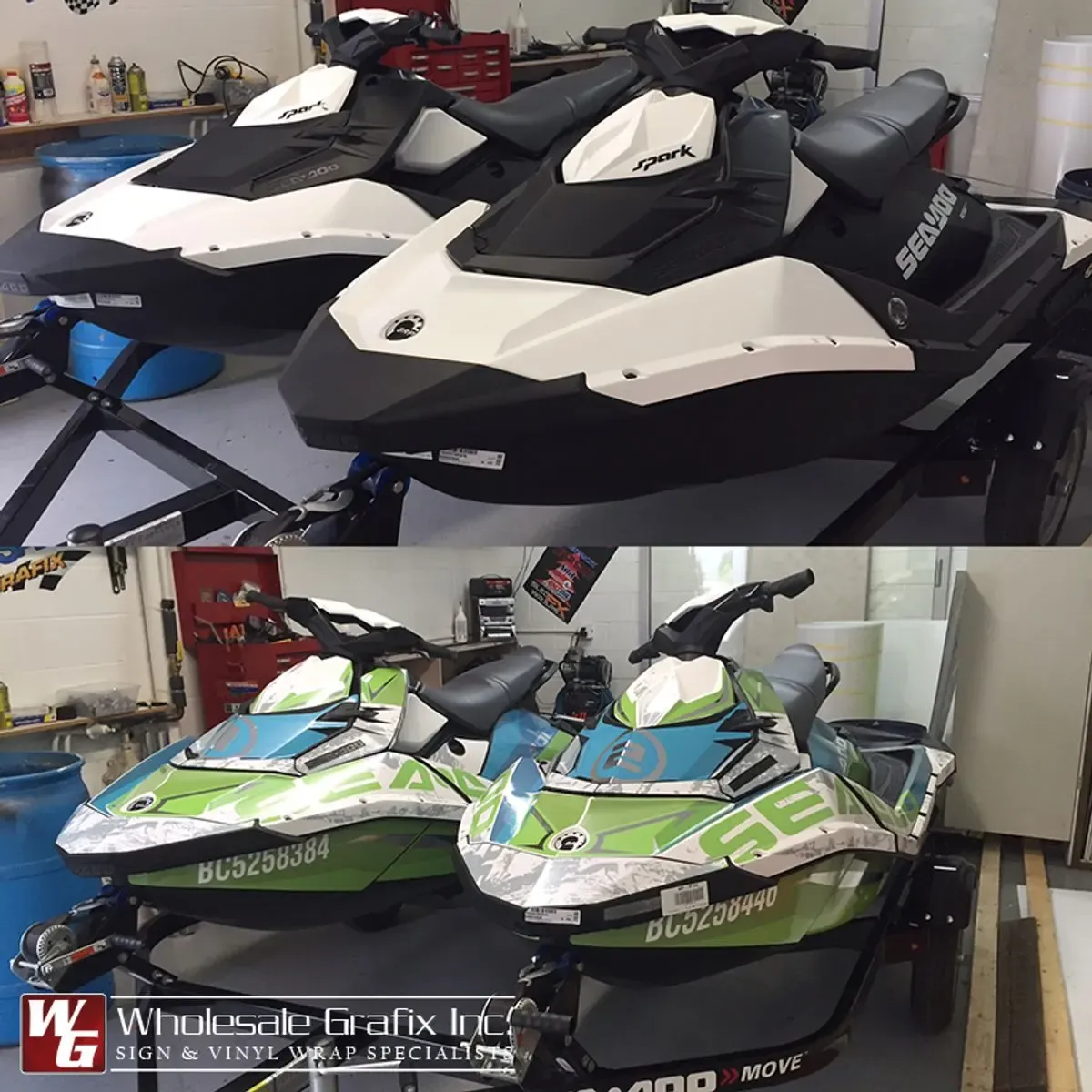 A pair of Sea-Doo personal watercraft with custom deck wraps