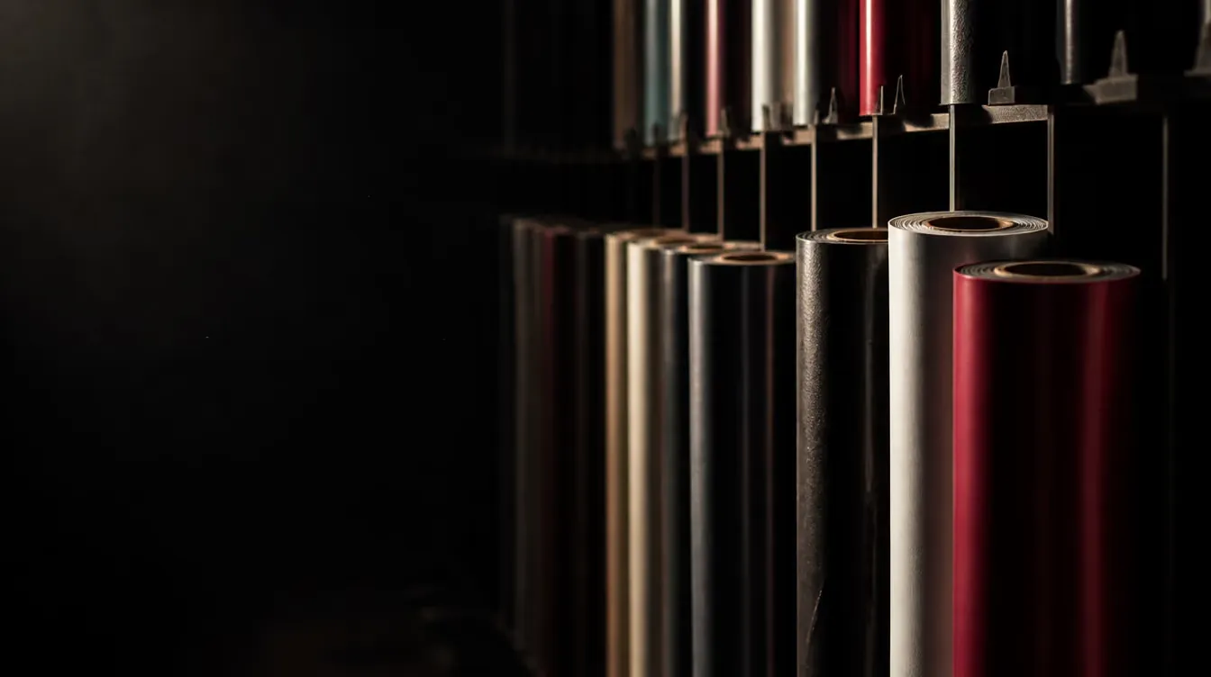 A rack of vinyl film rolls standing on end down the length of a dark shop wall