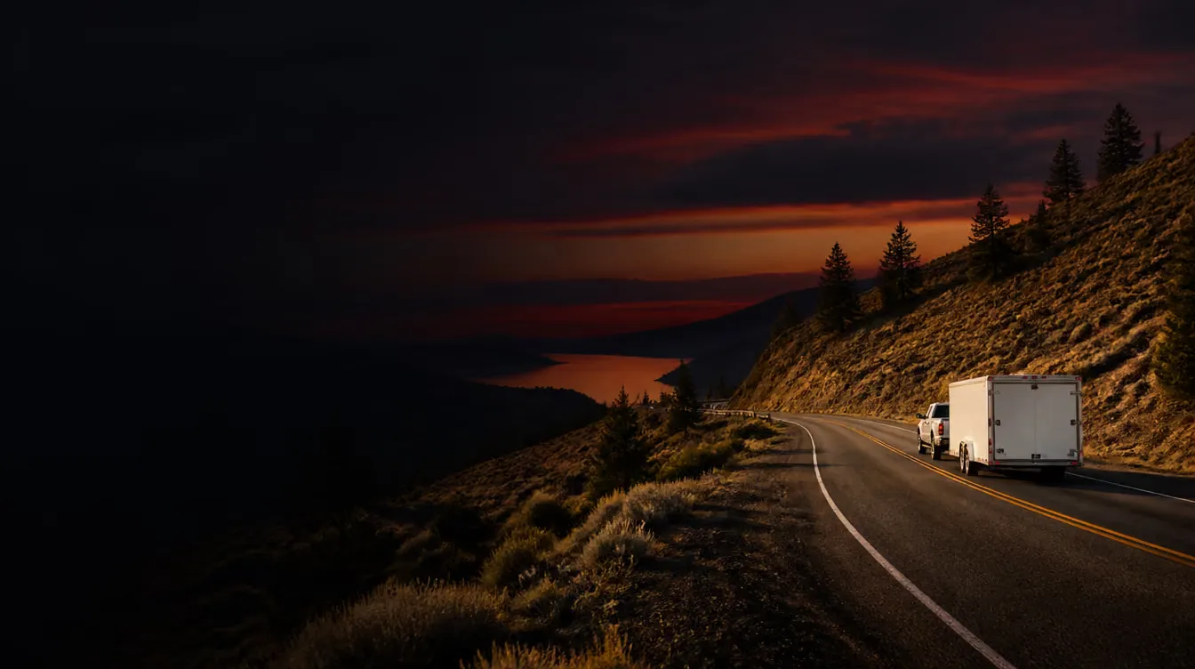 Highway 97 curving through the dry Okanagan hills at dusk with a white box trailer on the road