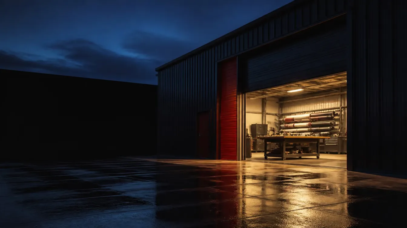 The Wholesale Grafix shop bay door open at blue hour with warm light spilling across the apron
