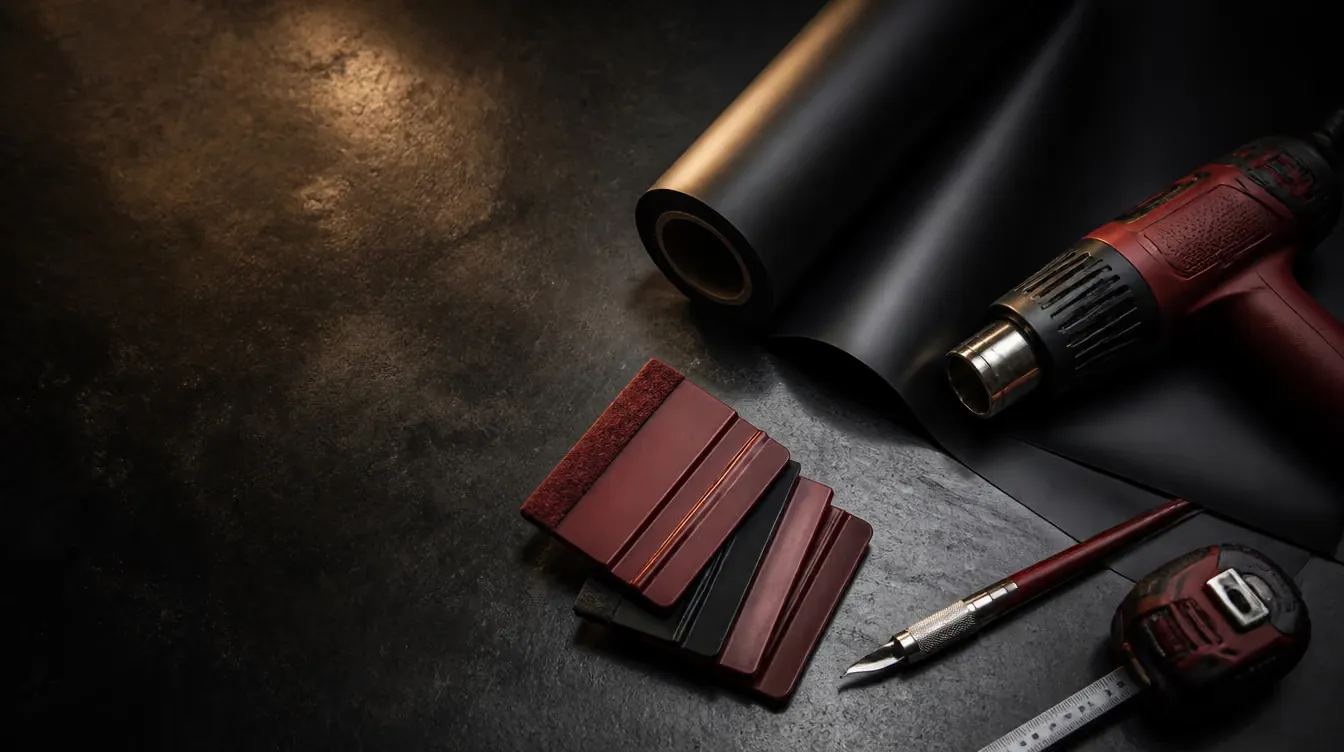 Vinyl wrap tools laid out on a workbench: felt-edged squeegees, a trimming knife, a heat gun and a roll of matte black film