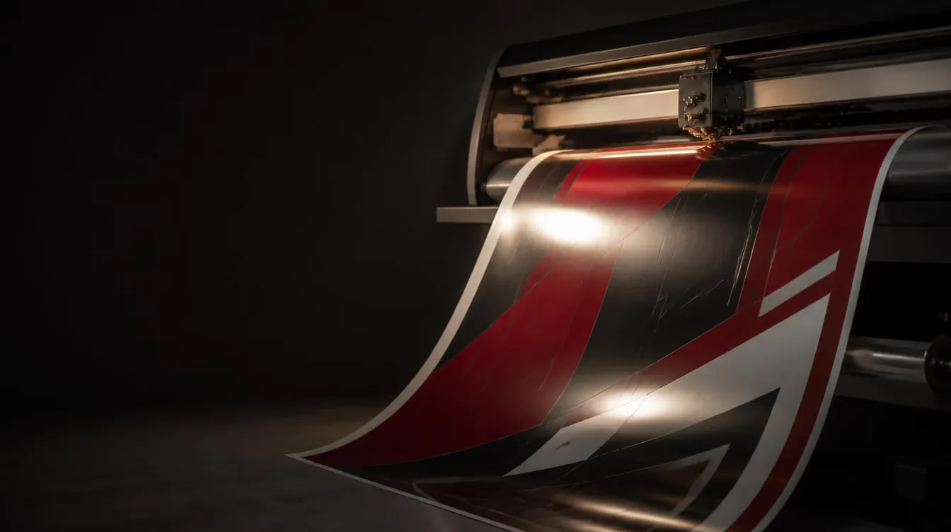A wide-format plotter mid-job with printed vinyl film feeding out into the dark of the shop