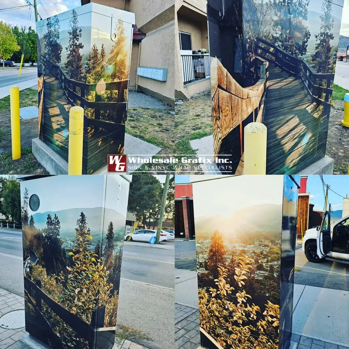 Utility box wrapped with a black and white Okanagan vista