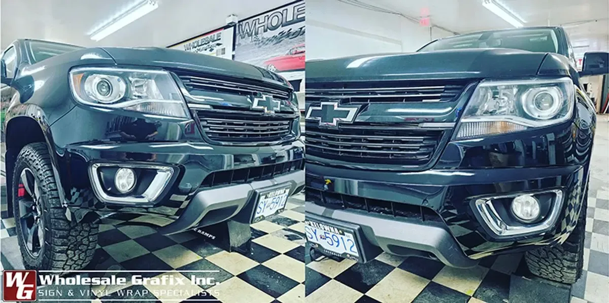 Protection film applied around a headlight and grille surround