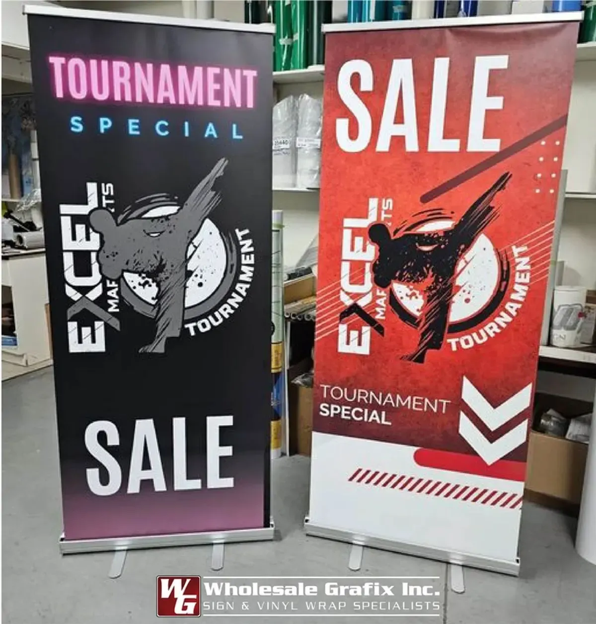 Excel tournament pull-up banners standing beside each other