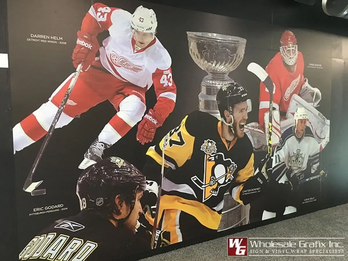 Large printed hockey wall mural installed indoors