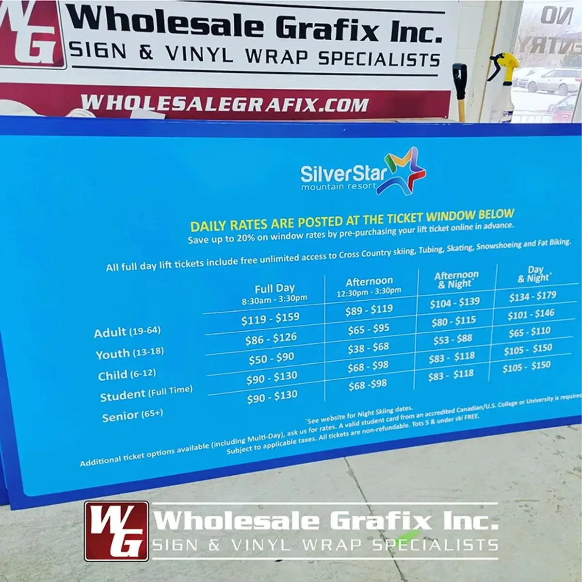 SilverStar daily lift rate board printed in blue