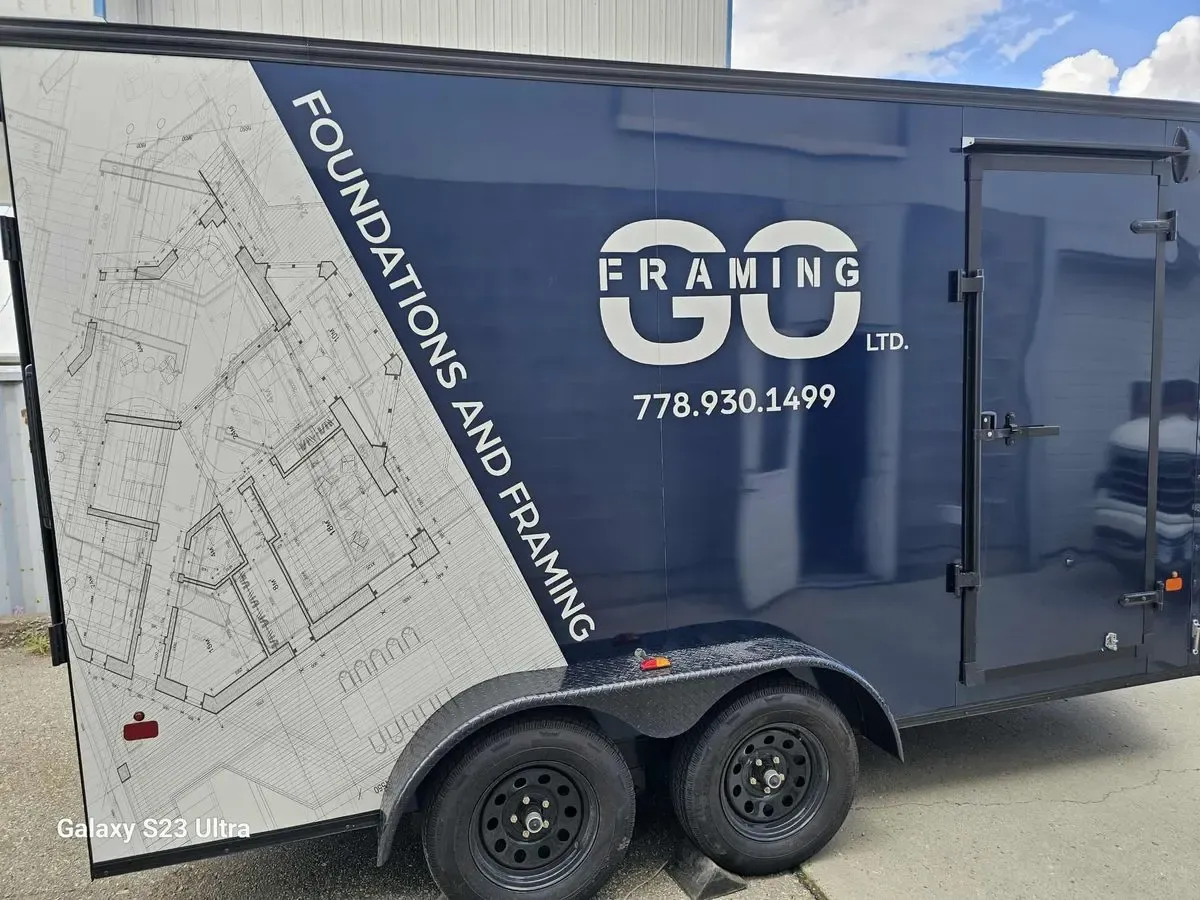 Enclosed box trailer wrapped with full-colour printed graphics by Wholesale Grafix