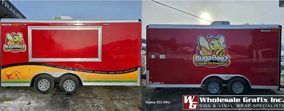 Enclosed trailer showing printed graphics down the full side
