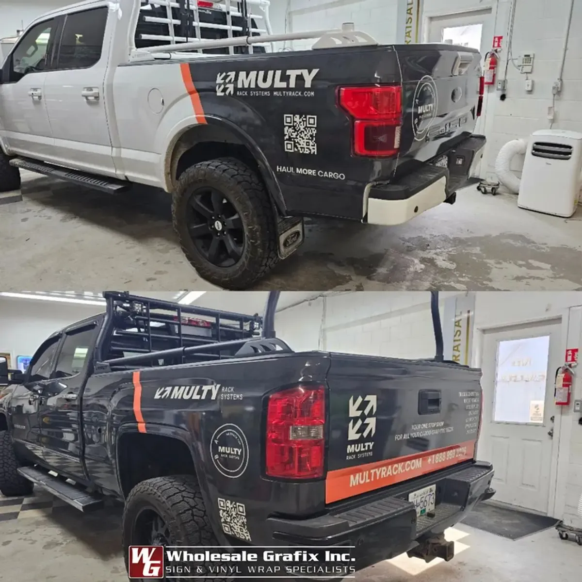 MULTY branded pickup truck with orange and black graphics