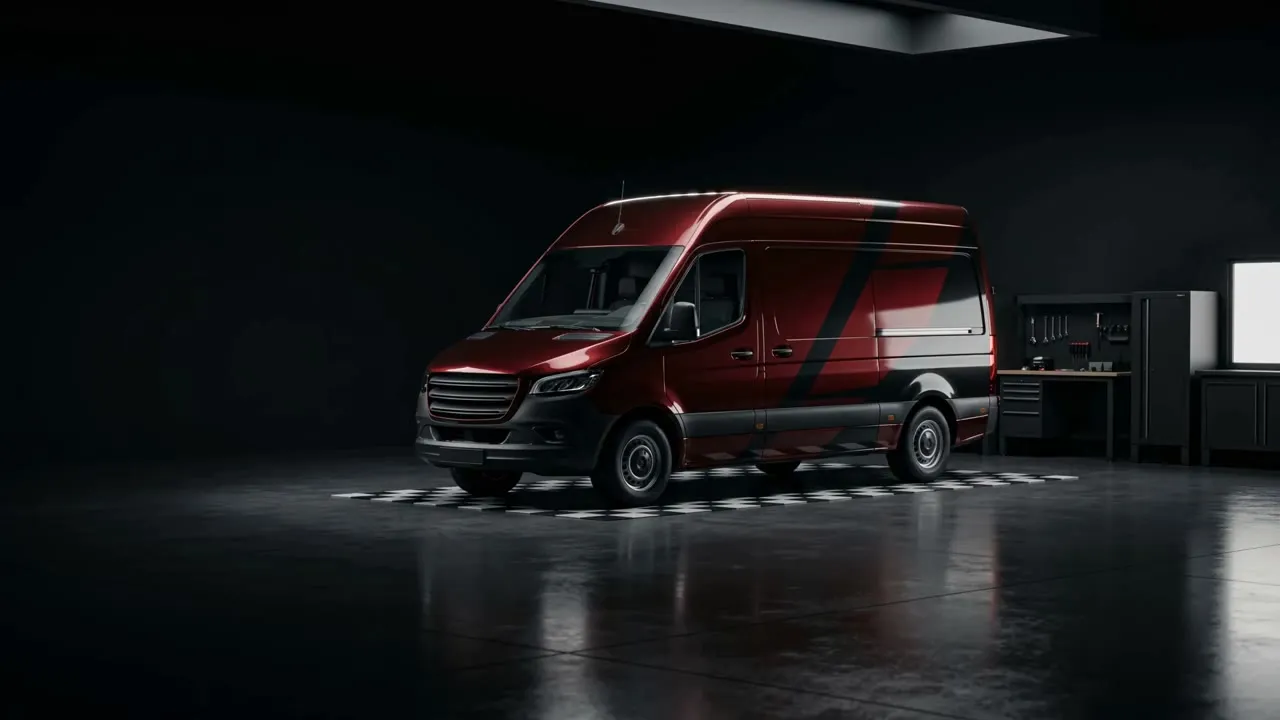 A high-roof cargo van in a full crimson and carbon wrap with angular graphic panels, lit in a dark detailing bay over a checkerboard floor