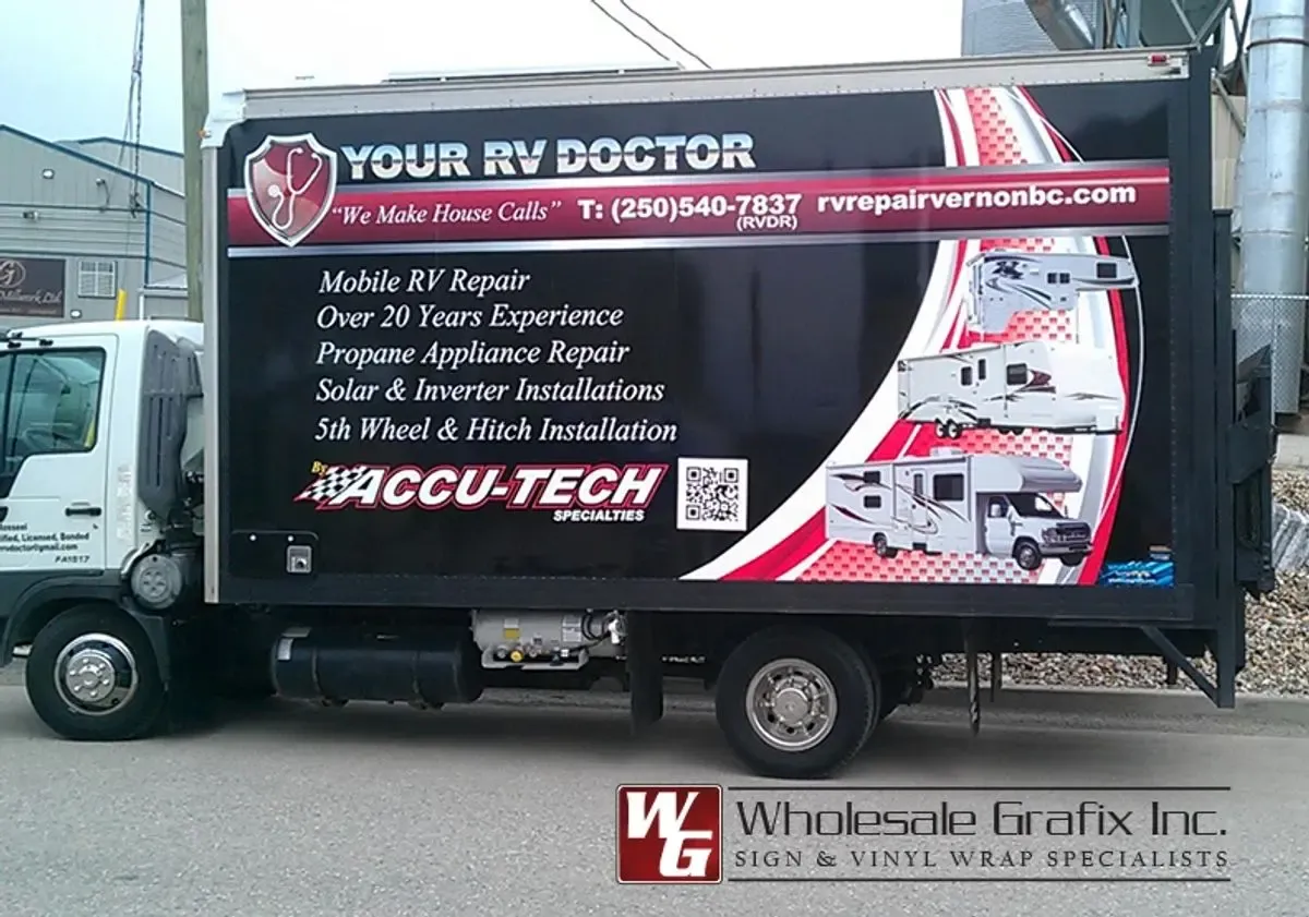 Your RV Doctor service truck with a full information wrap